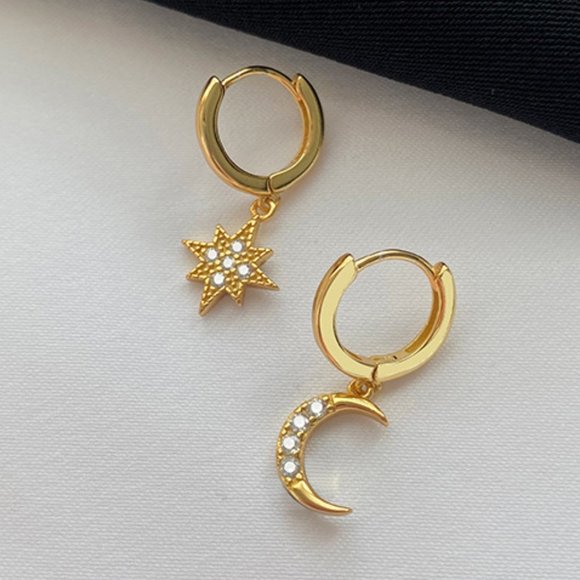 *NEW 925 Sterling Silver Diamond Moon Star Hoops X - Picture 2 of 14